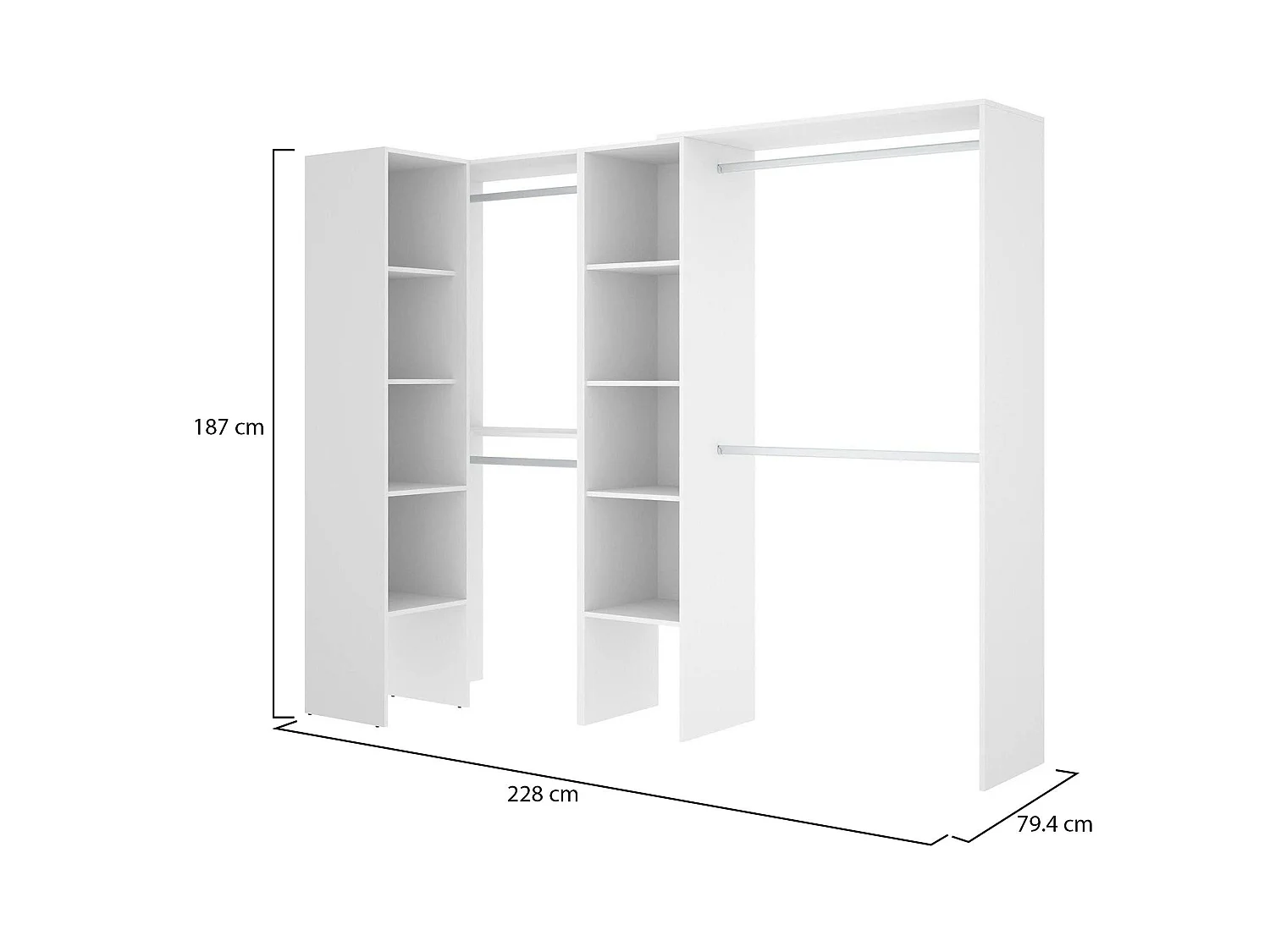 Kleiderschrank Dmagrin, Struktur für begehbaren Eckschrank, offene Eckgarderobe, 228 x 79 x 187 cm, WeiÃŸ