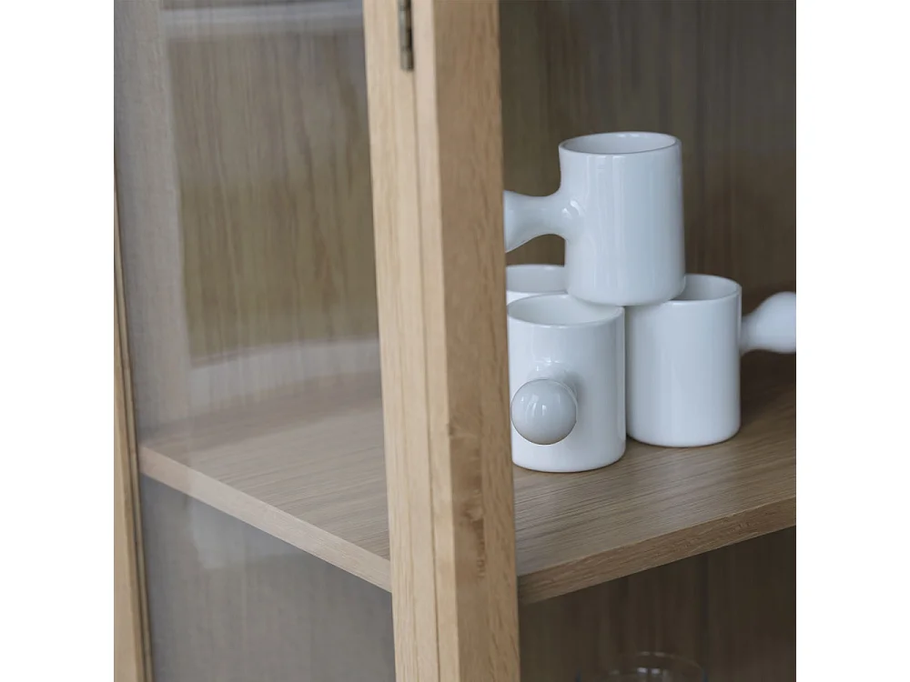 Cahir - Vitrine 2 portes en verre trempé et bois H140cm - Bois clair