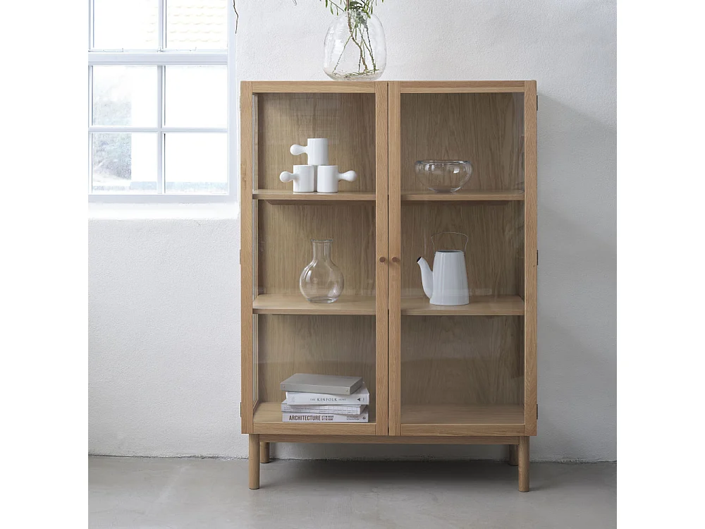 Cahir - Vitrine 2 portes en verre trempé et bois H140cm - Bois clair