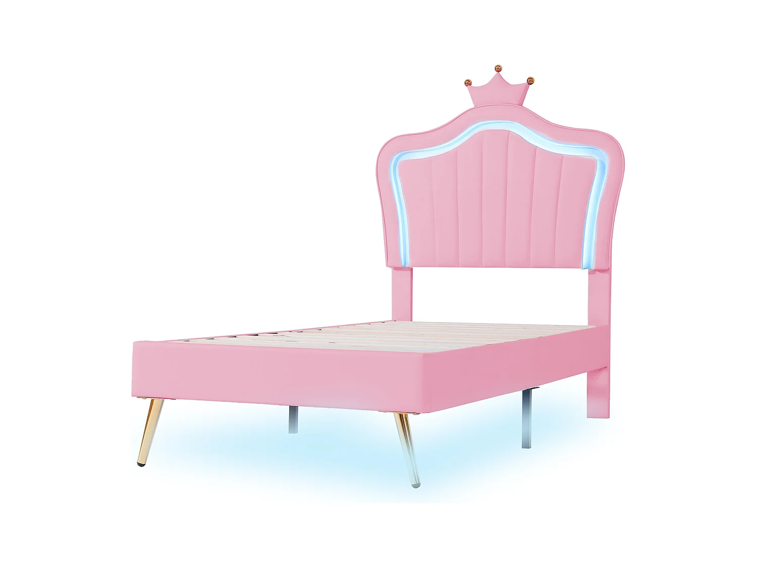 Lit enfant en similicuir avec LED - tête de lit en forme de couronne - 90x200cm - rose