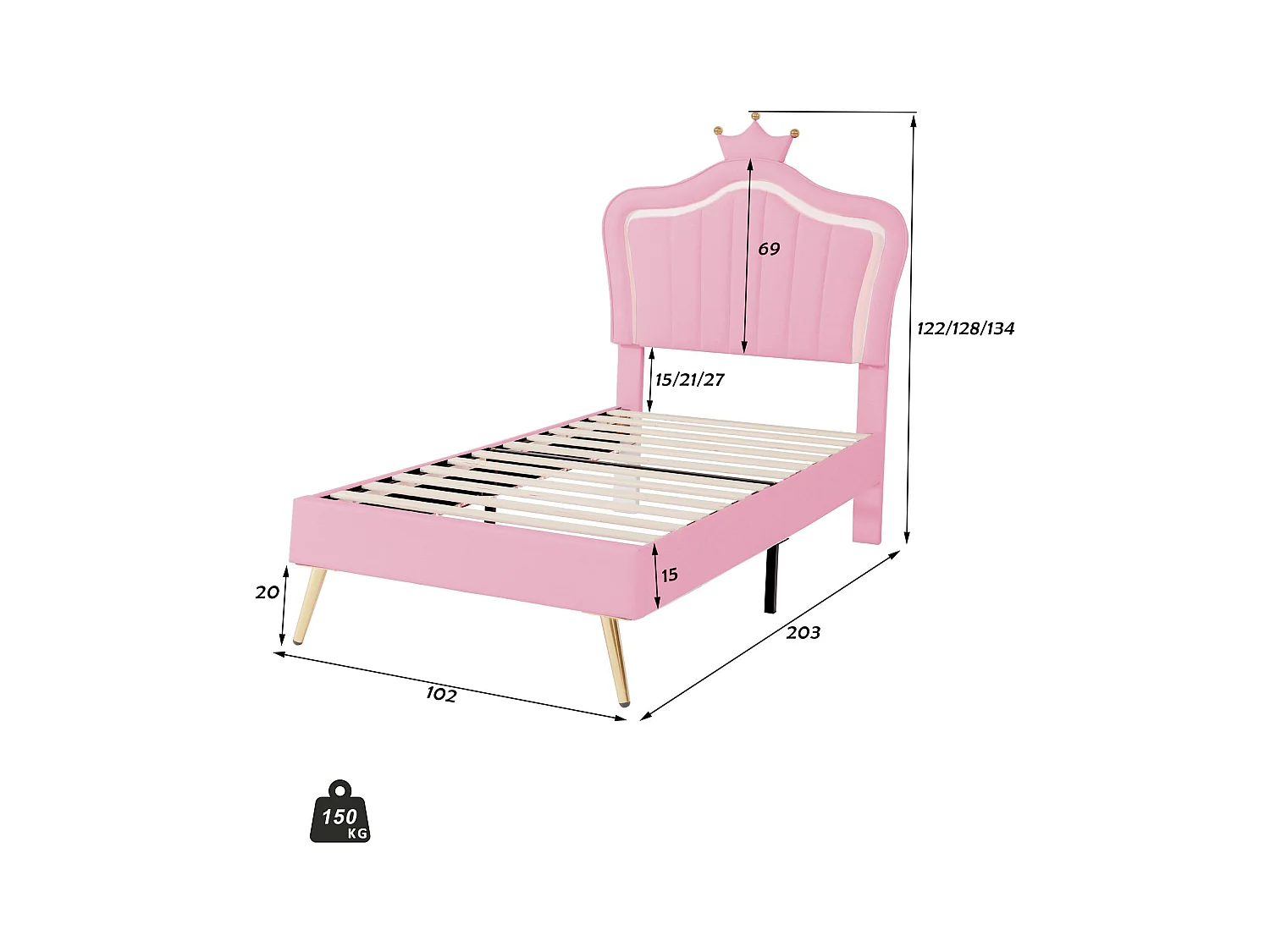 Lit enfant en similicuir avec LED - tête de lit en forme de couronne - 90x200cm - rose