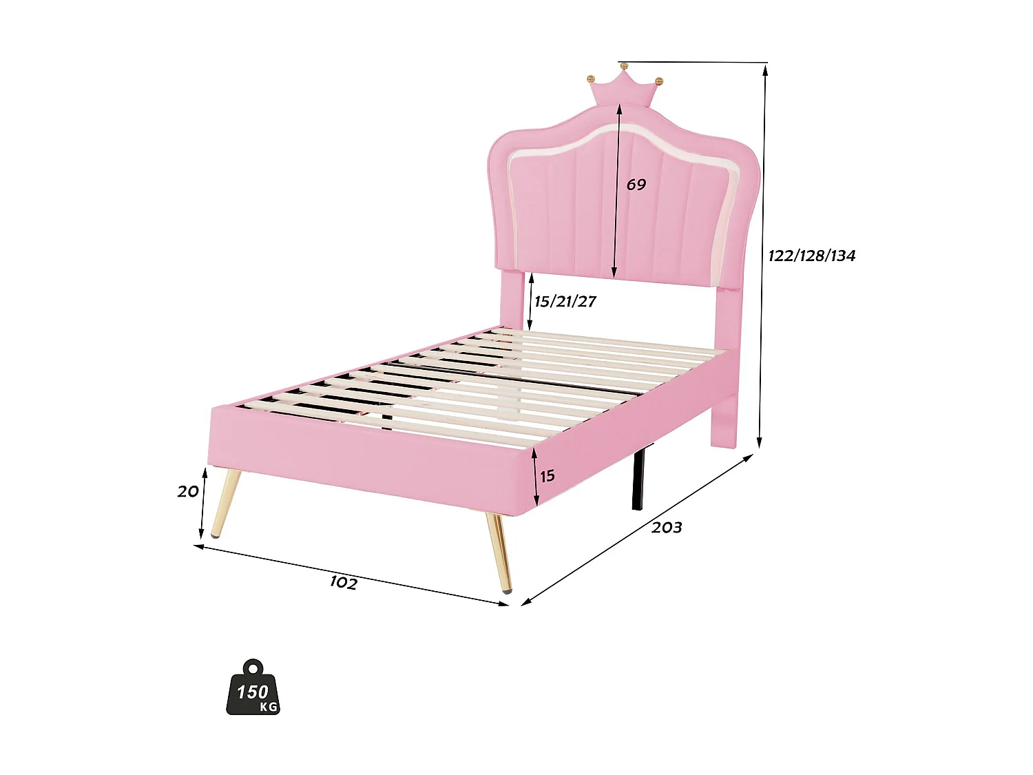 Kinderbett aus Kunstleder mit LED – verstellbarer Lampenschirm – Latte Macchiato – 90 x 200 cm – rosa