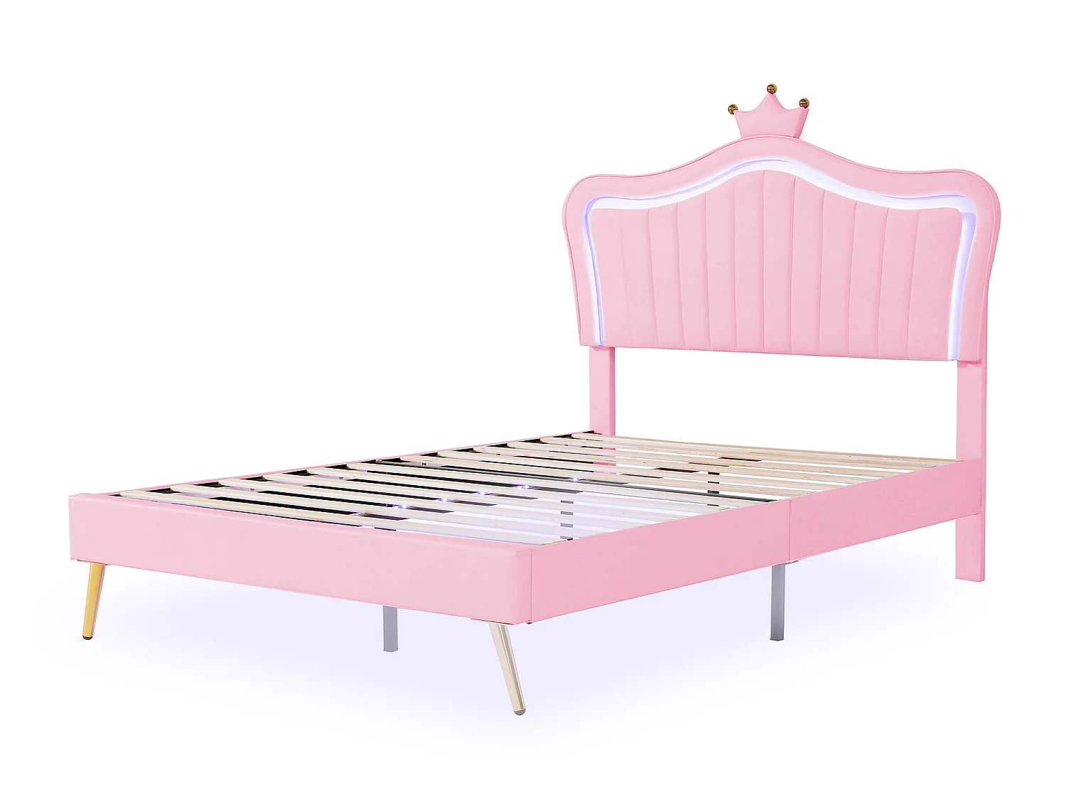 Kinderbett aus Kunstleder mit LED – verstellbarer Lampenschirm – Latte Macchiato – 140 x 200 cm – rosa