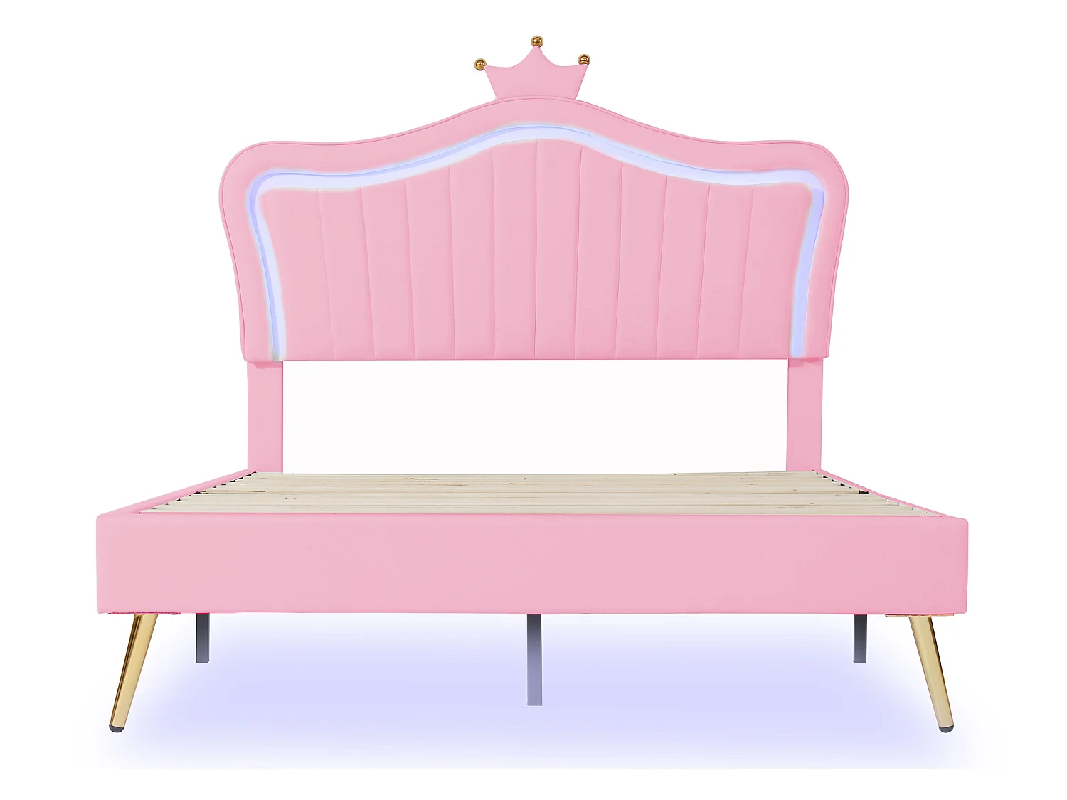 Kinderbett aus Kunstleder mit LED – verstellbarer Lampenschirm – Latte Macchiato – 140 x 200 cm – rosa