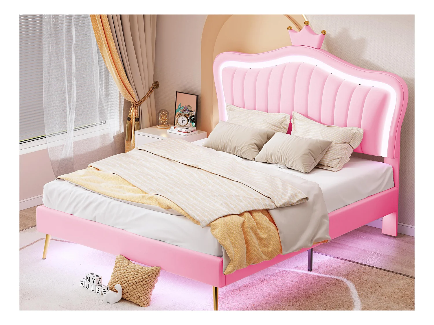 Kunstleren kinderbed met LED - kroonvormig hoofdeinde - 140x200cm - roze