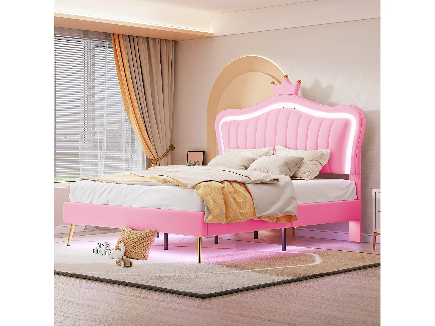 Cama infantil de piel sintética con LED - cabecero en forma de corona - 140x200cm - rosa