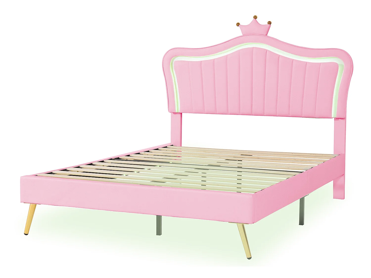 Cama infantil de piel sintética con LED - cabecero en forma de corona - 140x200cm - rosa