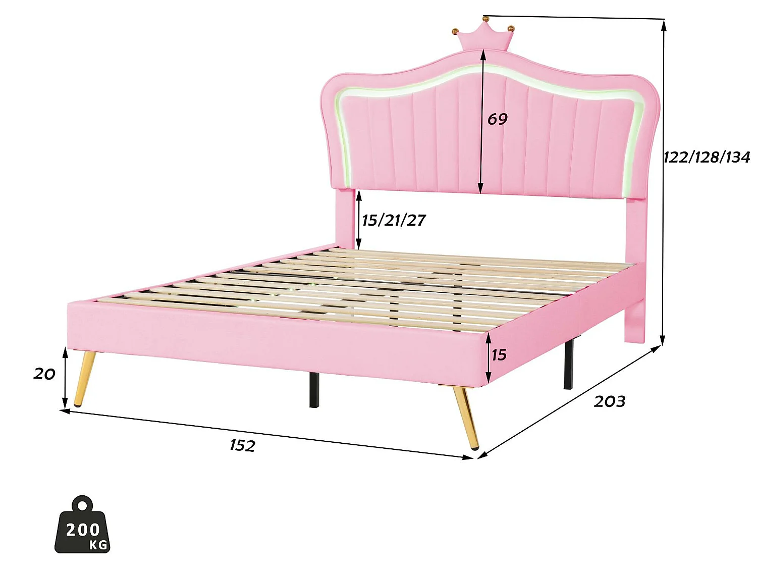 Lit enfant en similicuir avec LED - tête de lit en forme de couronne - 140x200cm - rose