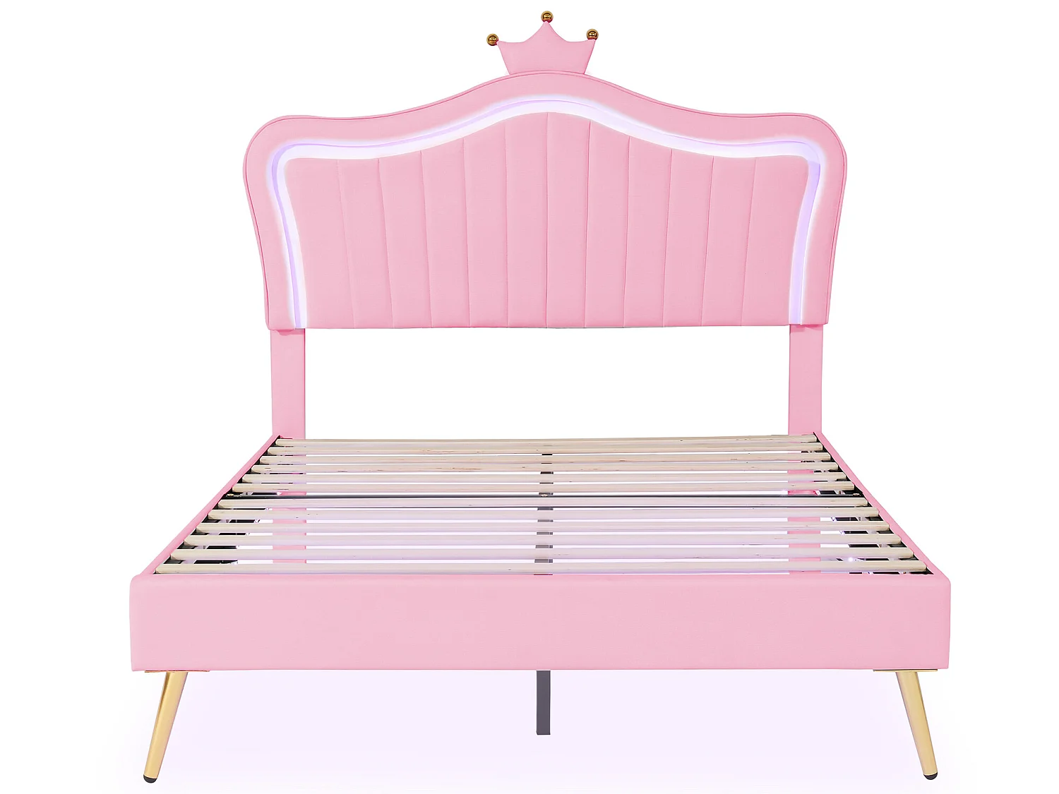 Lit enfant en similicuir avec LED - tête de lit en forme de couronne - 140x200cm - rose