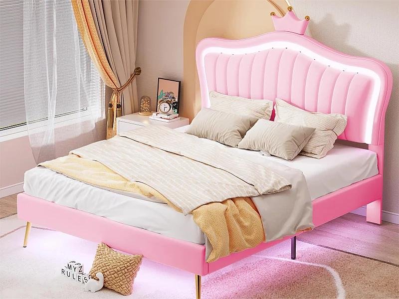 Lit enfant en similicuir avec LED - tête de lit en forme de couronne - 140x200cm - rose