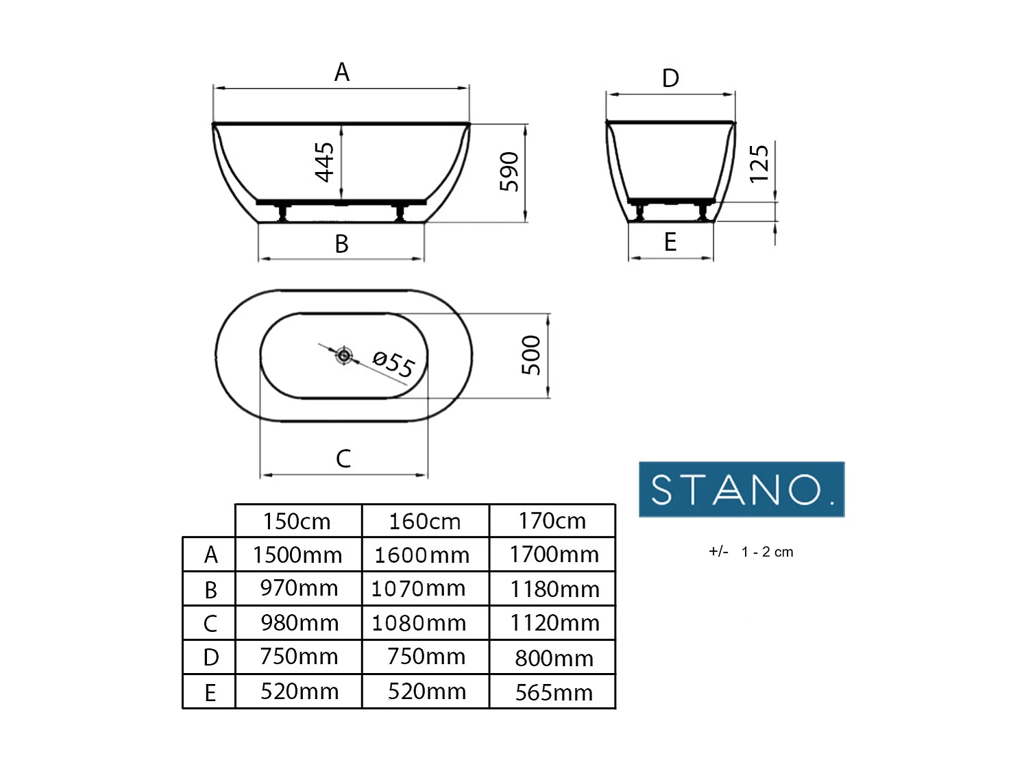 Freistehende Badewanne LISBON SCHWARZ MATT 150 cm