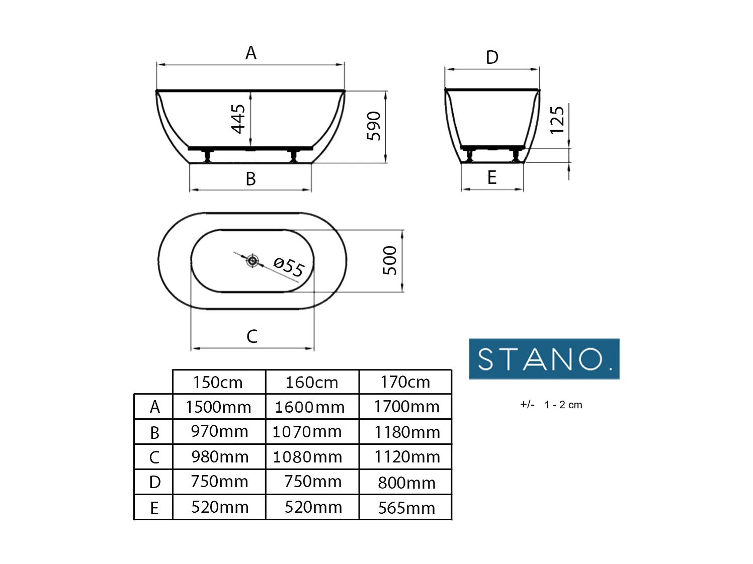 Freistehende Badewanne LISBON SCHWARZ MATT 150 cm