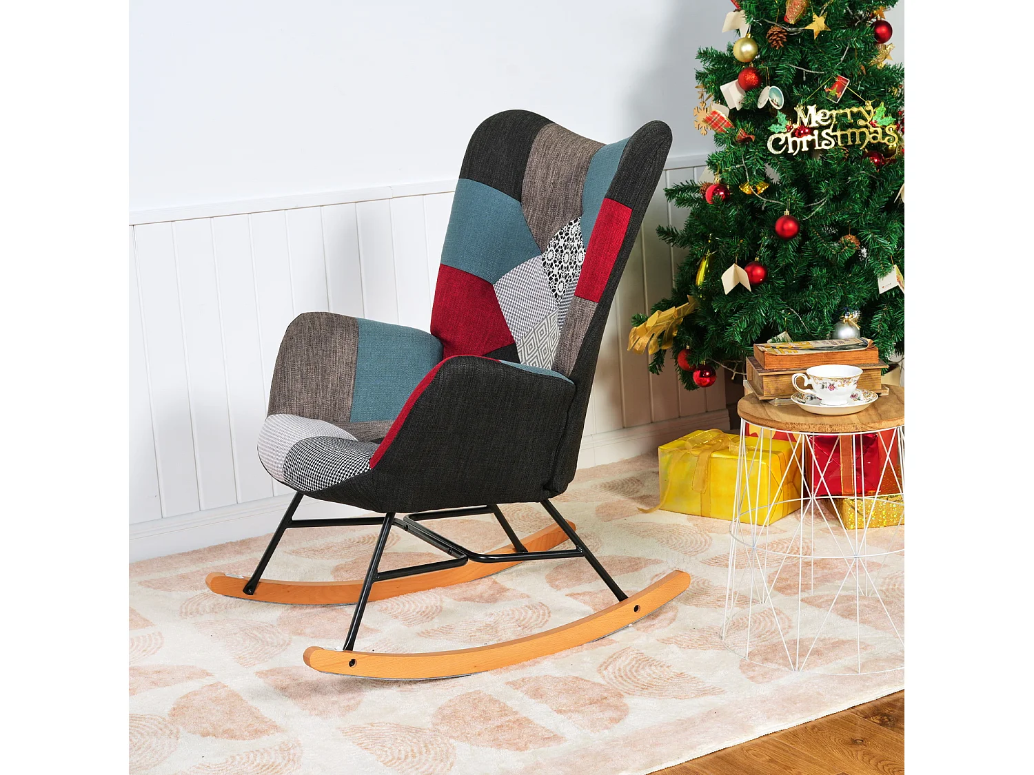 MEUBLES COSY Fauteuil à Bascule Allaitement Scandinave Chaise Loisir et Repos en Tissu Patchwork avec Pieds en E' Bois Métal pour Salon, Chambre, Le Balcon