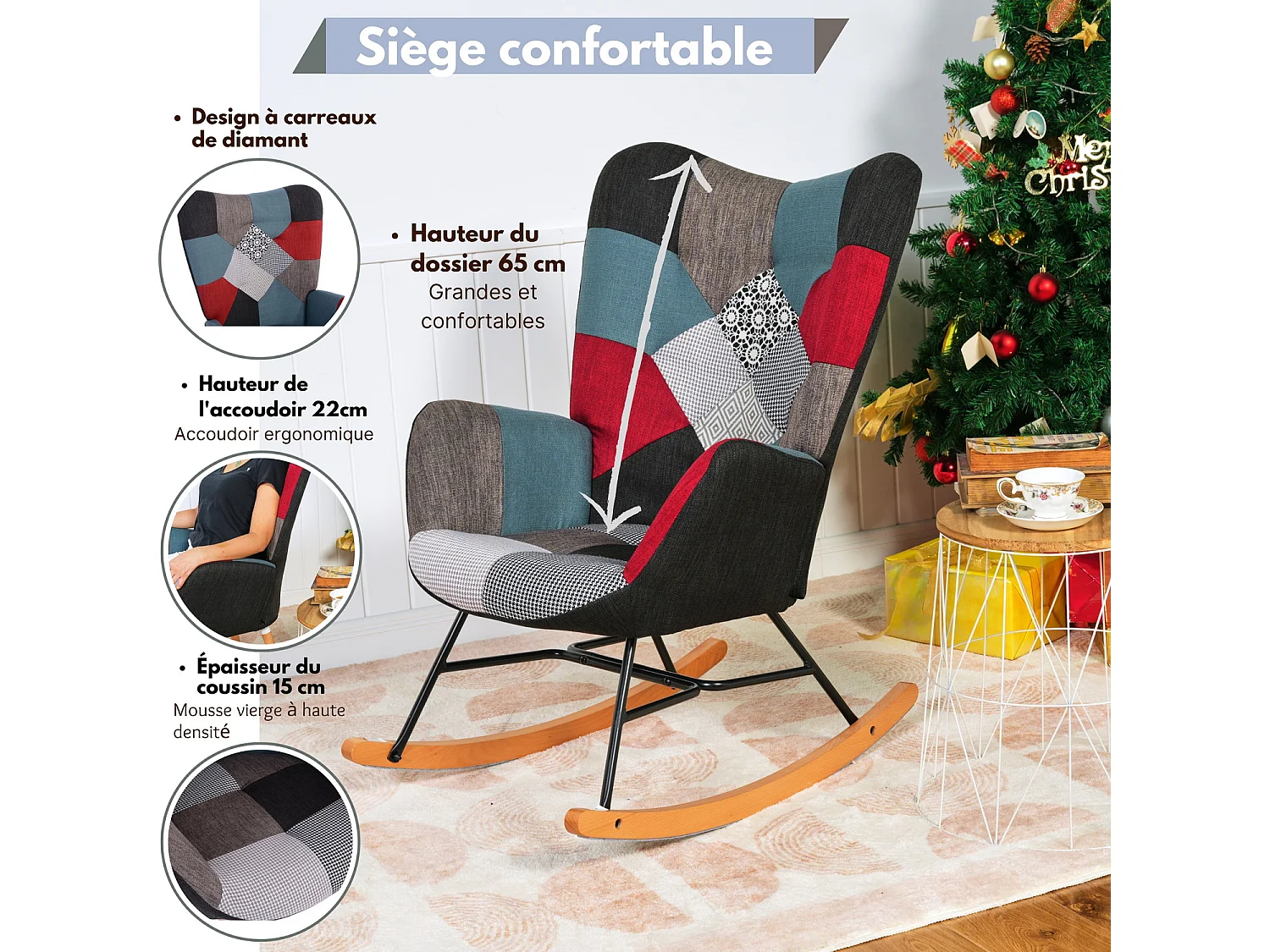 MEUBLES COSY Fauteuil à Bascule Allaitement Scandinave Chaise Loisir et Repos en Tissu Patchwork avec Pieds en E' Bois Métal pour Salon, Chambre, Le Balcon