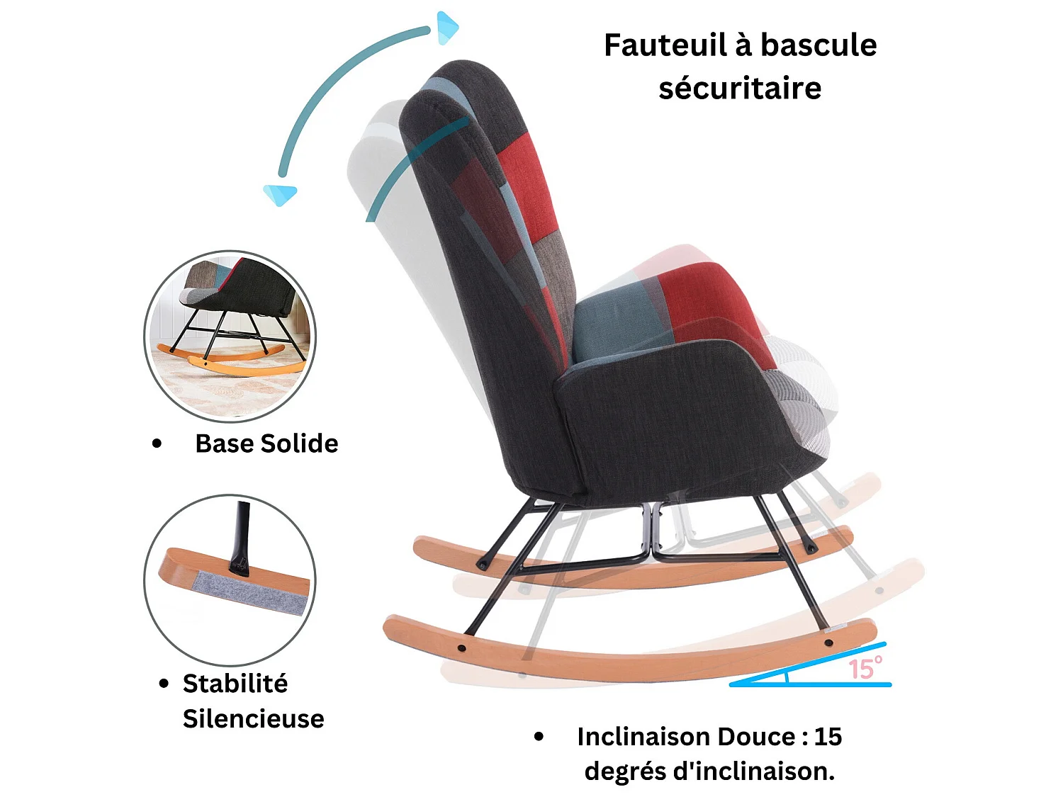 MEUBLES COSY Fauteuil à Bascule Allaitement Scandinave Chaise Loisir et Repos en Tissu Patchwork avec Pieds en E' Bois Métal pour Salon, Chambre, Le Balcon