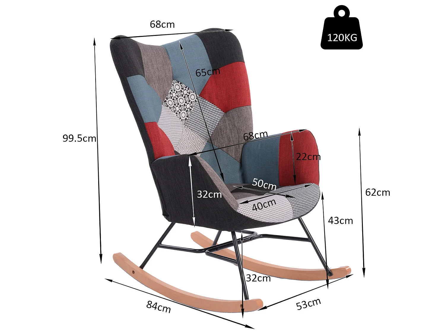 MEUBLES COSY Fauteuil à Bascule Allaitement Scandinave Chaise Loisir et Repos en Tissu Patchwork avec Pieds en E' Bois Métal pour Salon, Chambre, Le Balcon