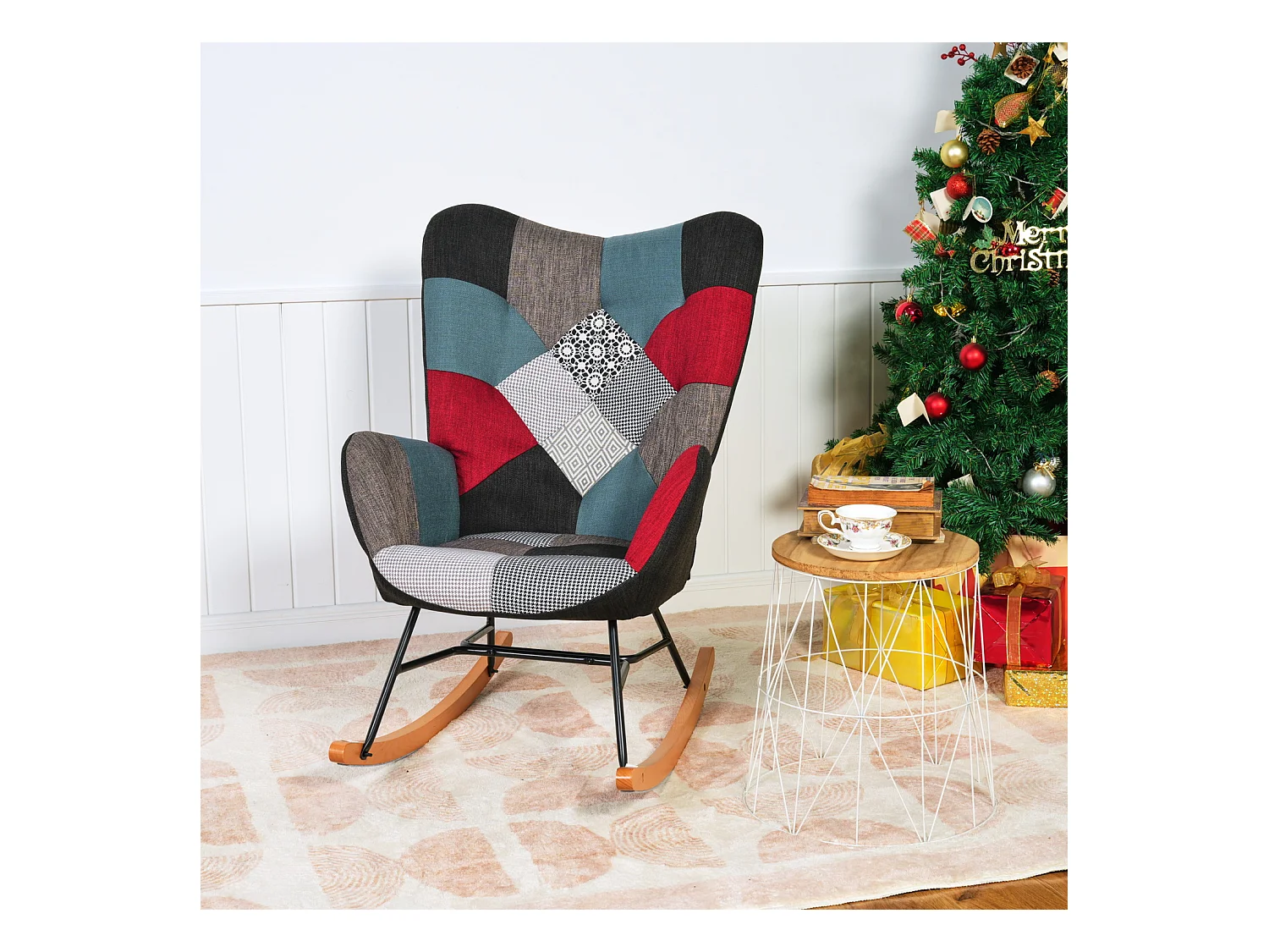 MEUBLES COSY Fauteuil à Bascule Allaitement Scandinave Chaise Loisir et Repos en Tissu Patchwork avec Pieds en E' Bois Métal pour Salon, Chambre, Le Balcon