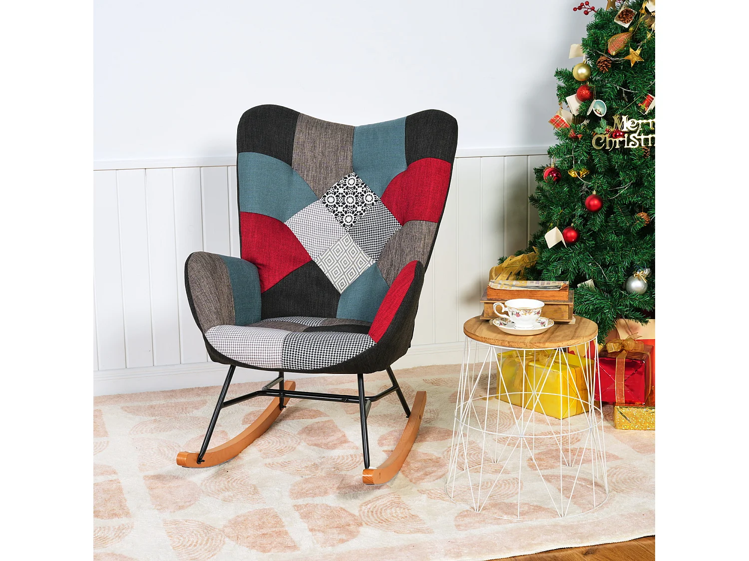 MEUBLES COSY Fauteuil à Bascule Allaitement Scandinave Chaise Loisir et Repos en Tissu Patchwork avec Pieds en E' Bois Métal pour Salon, Chambre, Le Balcon