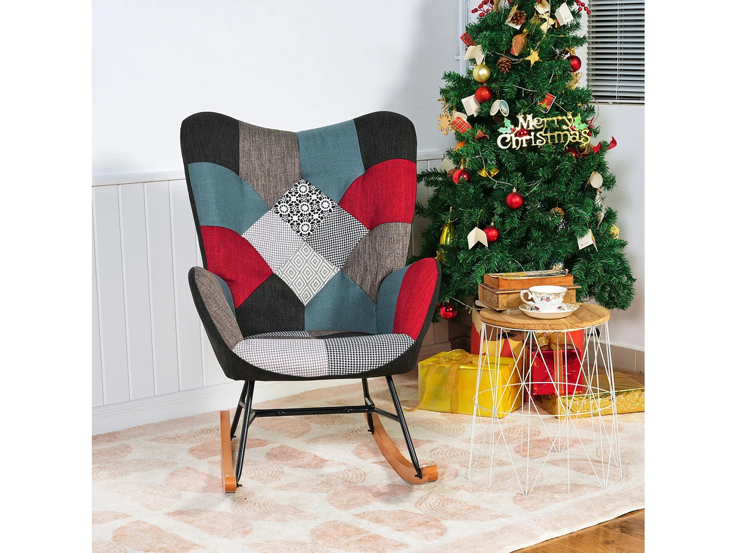 MEUBLES COSY Fauteuil à Bascule Allaitement Scandinave Chaise Loisir et Repos en Tissu Patchwork avec Pieds en E' Bois Métal pour Salon, Chambre, Le Balcon