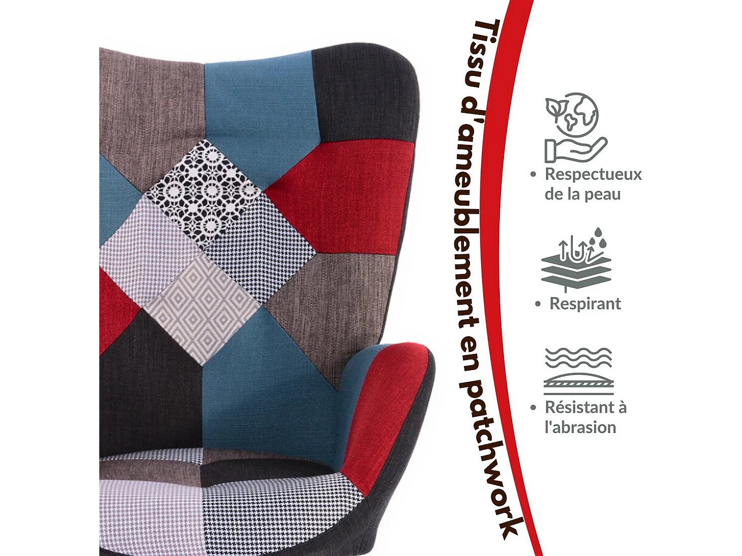 MEUBLES COSY Fauteuil à Bascule Allaitement Scandinave Chaise Loisir et Repos en Tissu Patchwork avec Pieds en E' Bois Métal pour Salon, Chambre, Le Balcon