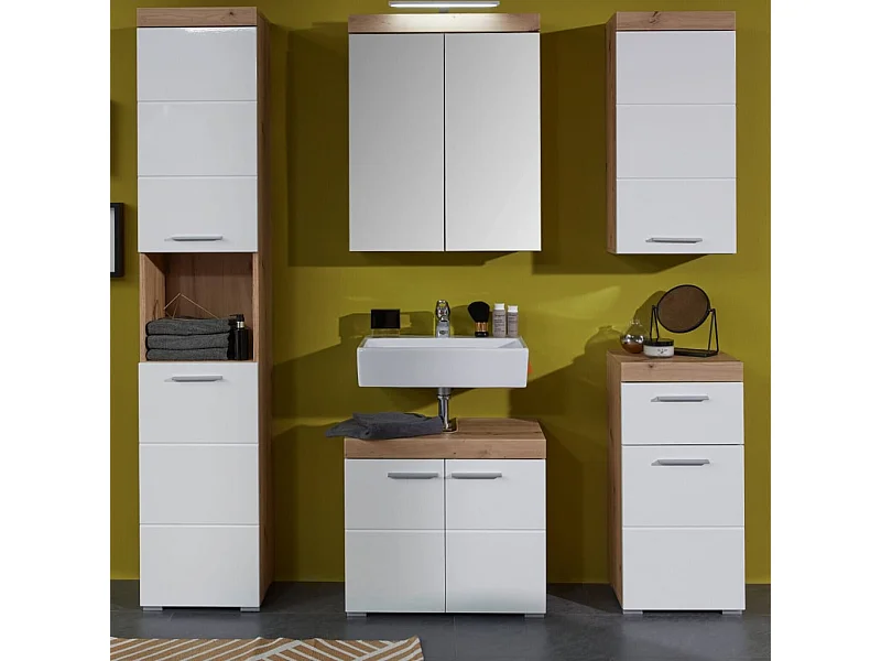 Hoogglans wit en knoestig eiken kast 1 deur Kelia 37 cm