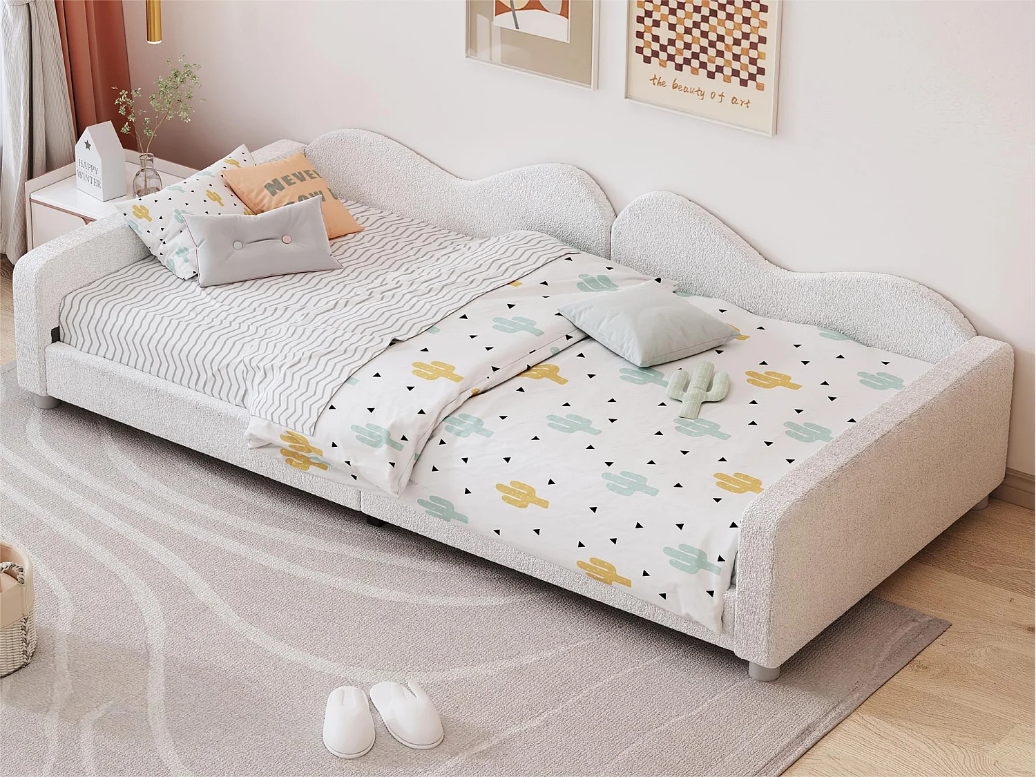 Lit banquette 90x200cm en tissu bouclette - avec sommier à lattes - Blanc