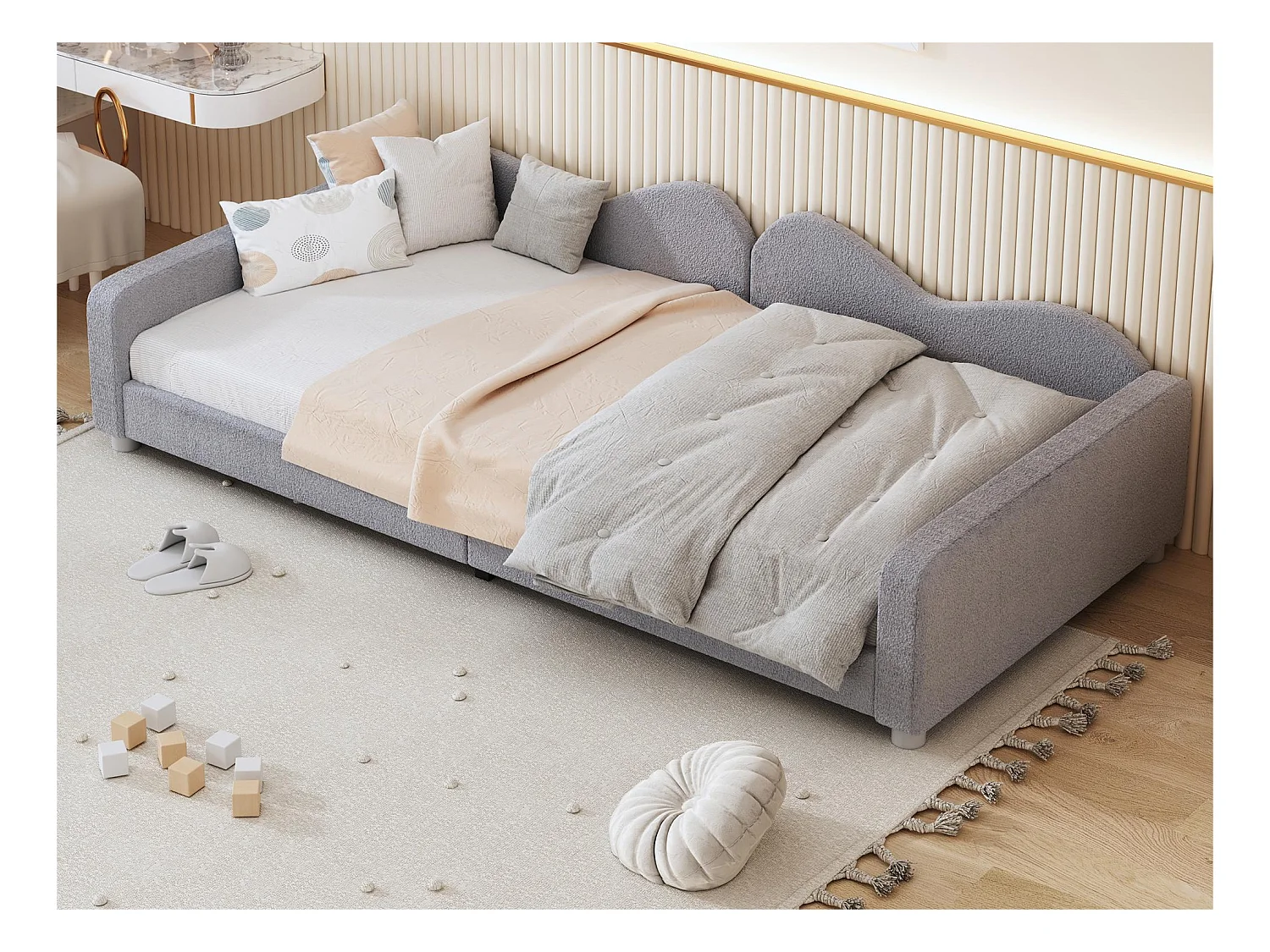 Lit banquette 90x200cm en tissu bouclette - avec sommier à lattes - Gris