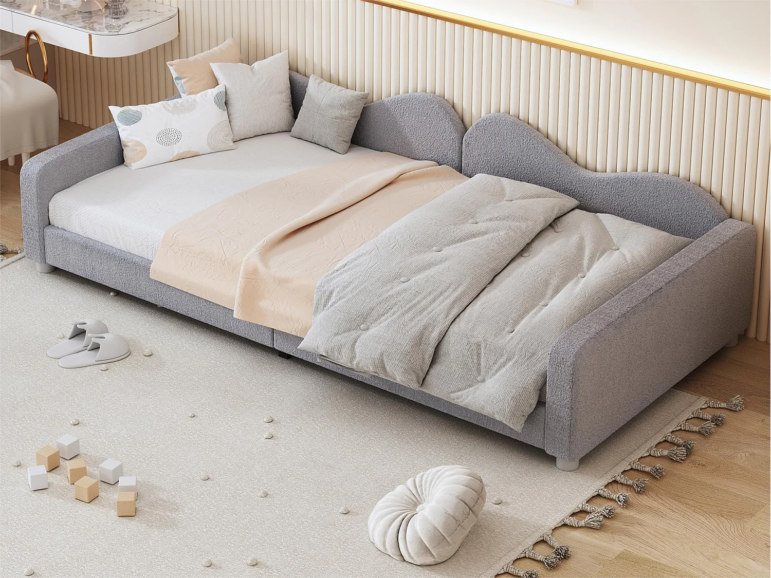 90 x 200 cm großes Tagesbett aus French-Terry-Stoff – mit Lattenrost – Grau