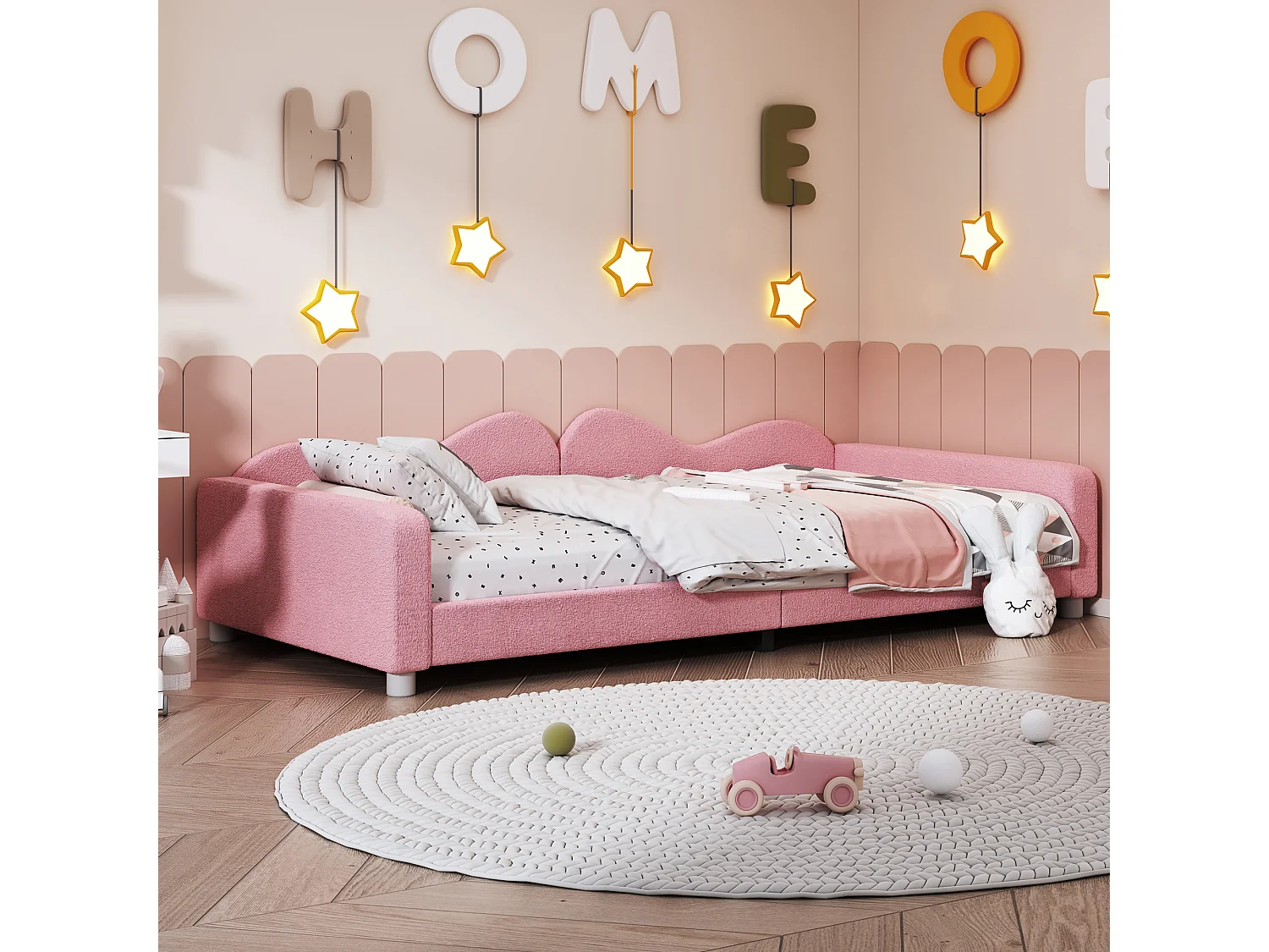Lit banquette 90x200cm en tissu bouclette - avec sommier à lattes - Rose