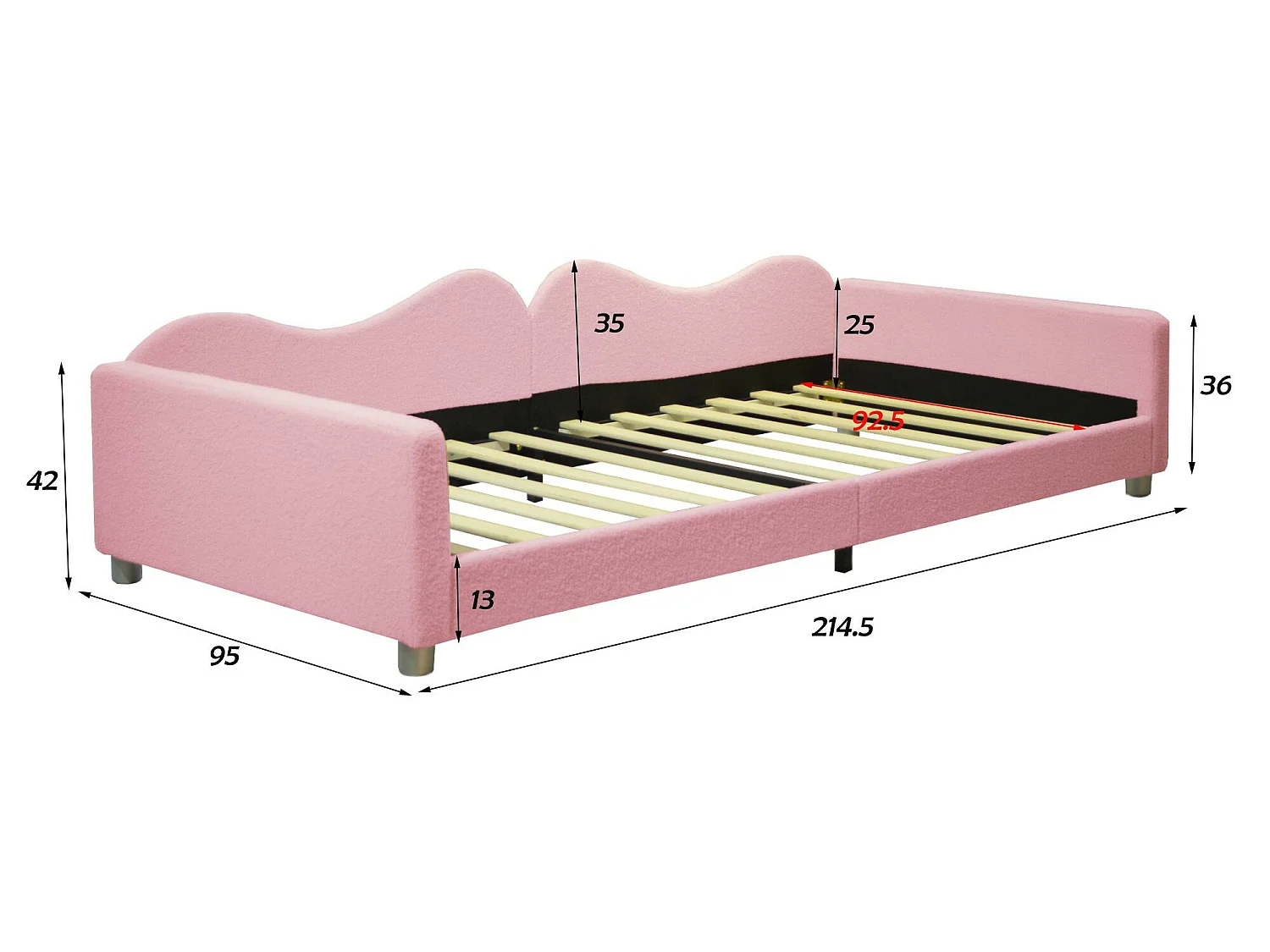 Lit banquette 90x200cm en tissu bouclette - avec sommier à lattes - Rose