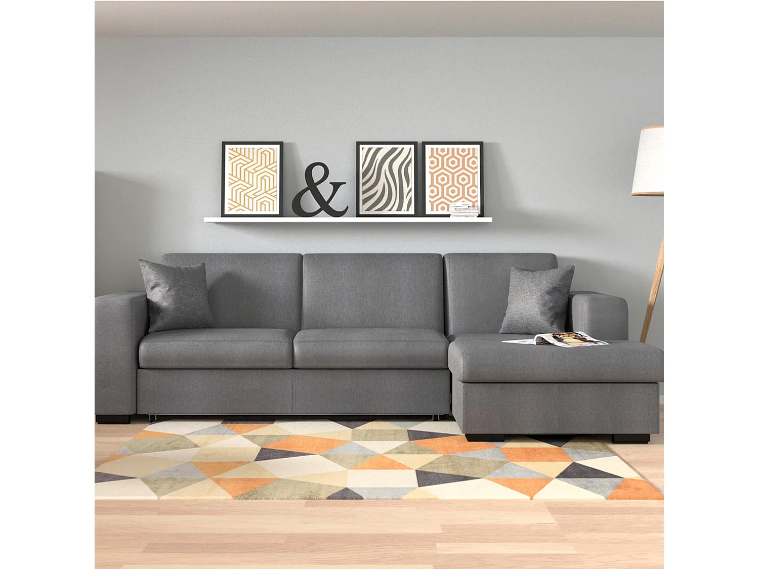 Canapé convertible d'angle droit 4 places en tissu gris clair - CA00003