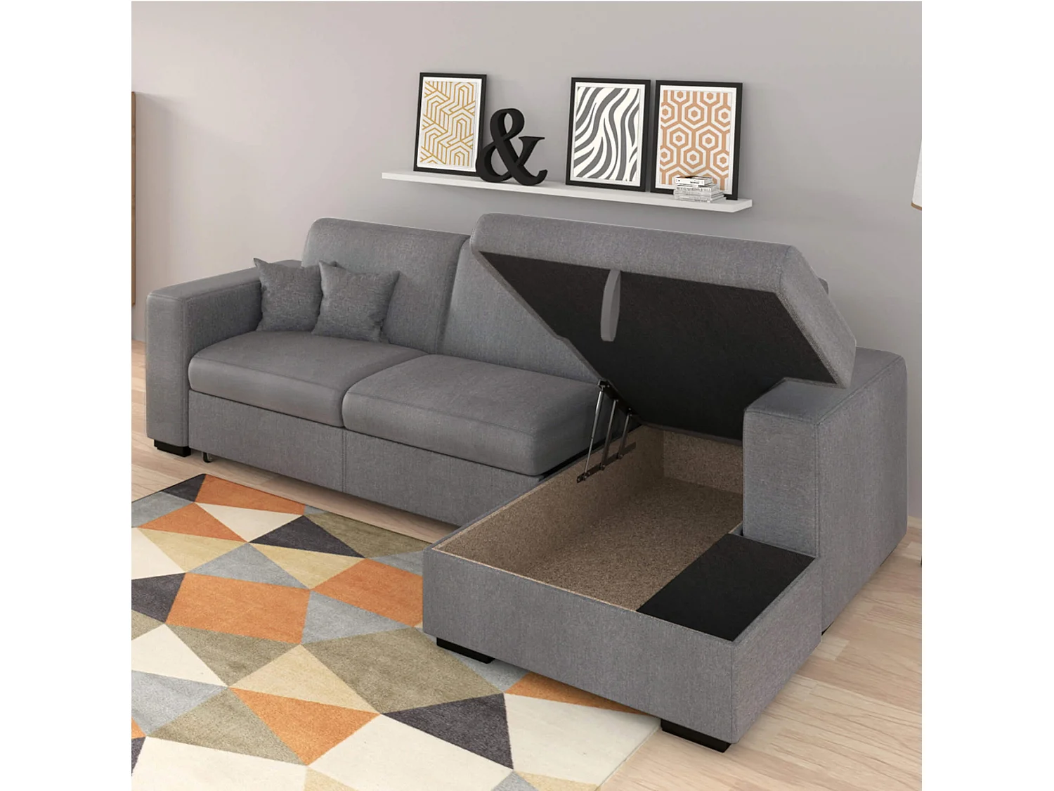 Canapé convertible d'angle droit 4 places en tissu gris clair - CA00003
