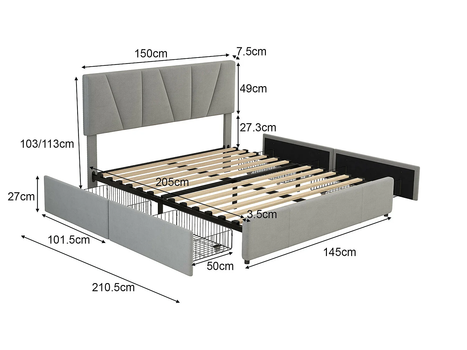 Tweepersoonsbed 140x200cm met 4 lades, gestoffeerd bed voor 2 personen, fluwelen stof, verstelbaar hoofdeinde, modern design, grijs