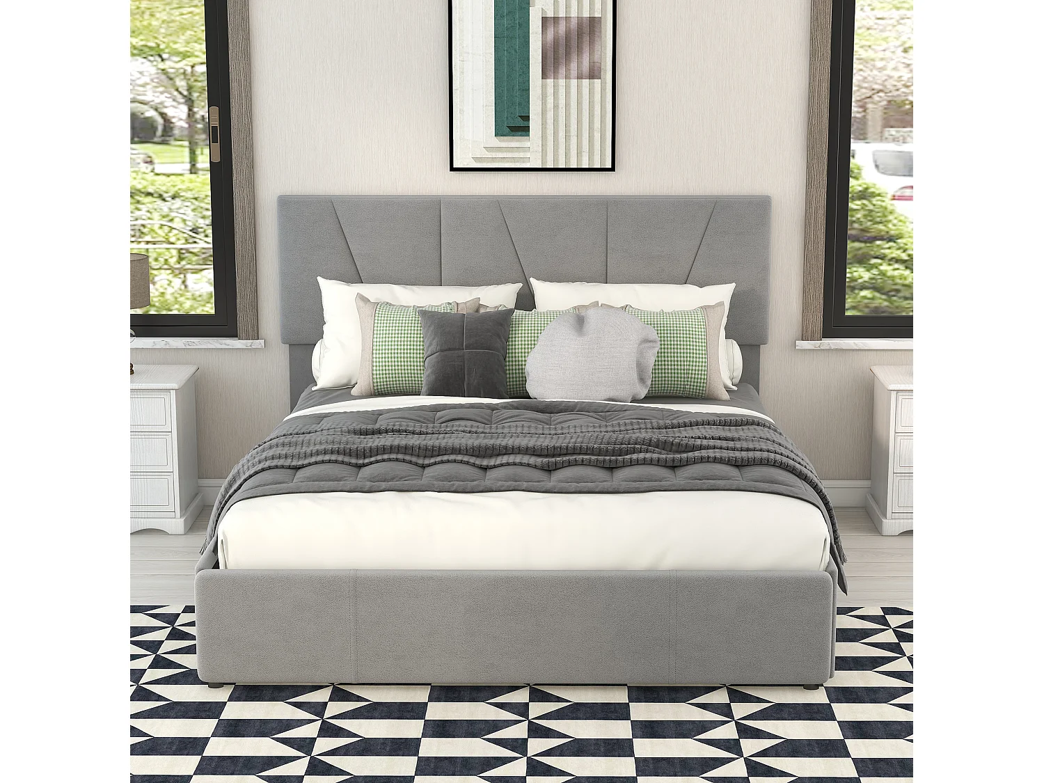 Cama de matrimonio 140x200cm con 4 cajones, tapizada para 2 personas, tela terciopelo, cabecero regulable, diseño moderno, color gris