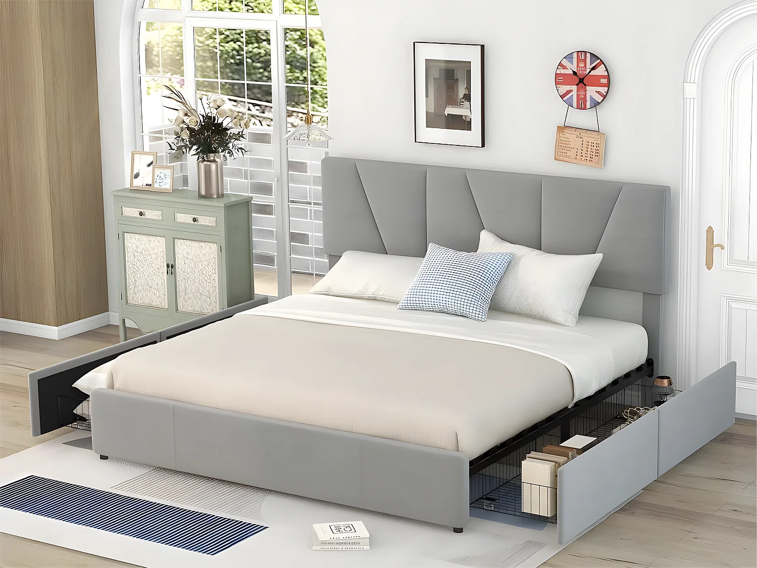 Lit double 160x200cm avec 4 tiroirs, lit capitonné pour 2 personnes, tissu en velours, tête de lit réglable, désigne moderne, gris