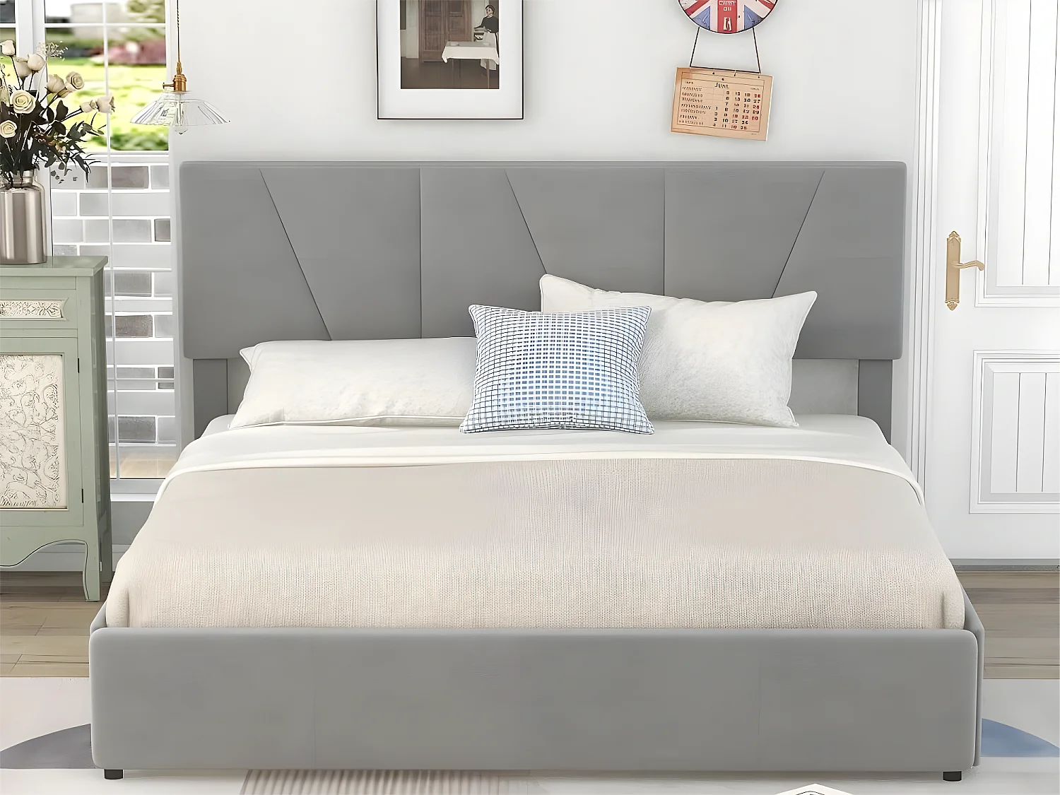 Lit double 160x200cm avec 4 tiroirs, lit capitonné pour 2 personnes, tissu en velours, tête de lit réglable, désigne moderne, gris