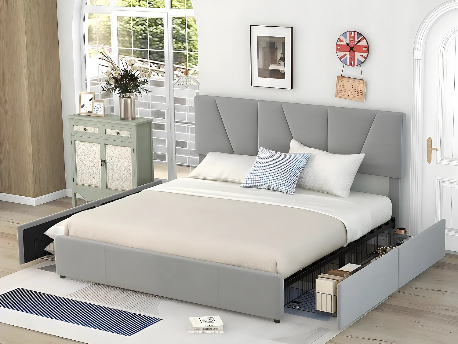 Lit double 160x200cm avec 4 tiroirs, lit capitonné pour 2 personnes, tissu en velours, tête de lit réglable, désigne moderne, gris