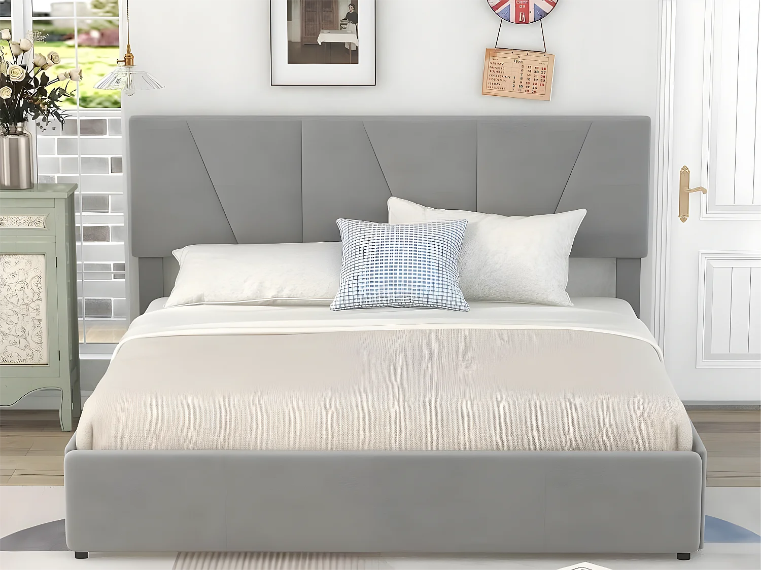 Lit double 160x200cm avec 4 tiroirs, lit capitonné pour 2 personnes, tissu en velours, tête de lit réglable, désigne moderne, gris