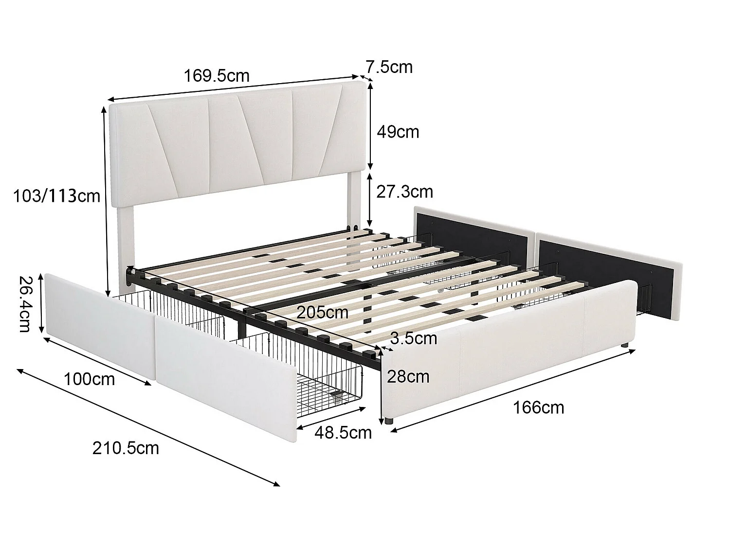 Tweepersoonsbed 160x200cm met 4 laden, gewatteerd bed voor 2 personen, fluwelen stof, verstelbaar hoofdeinde, modern design, wit