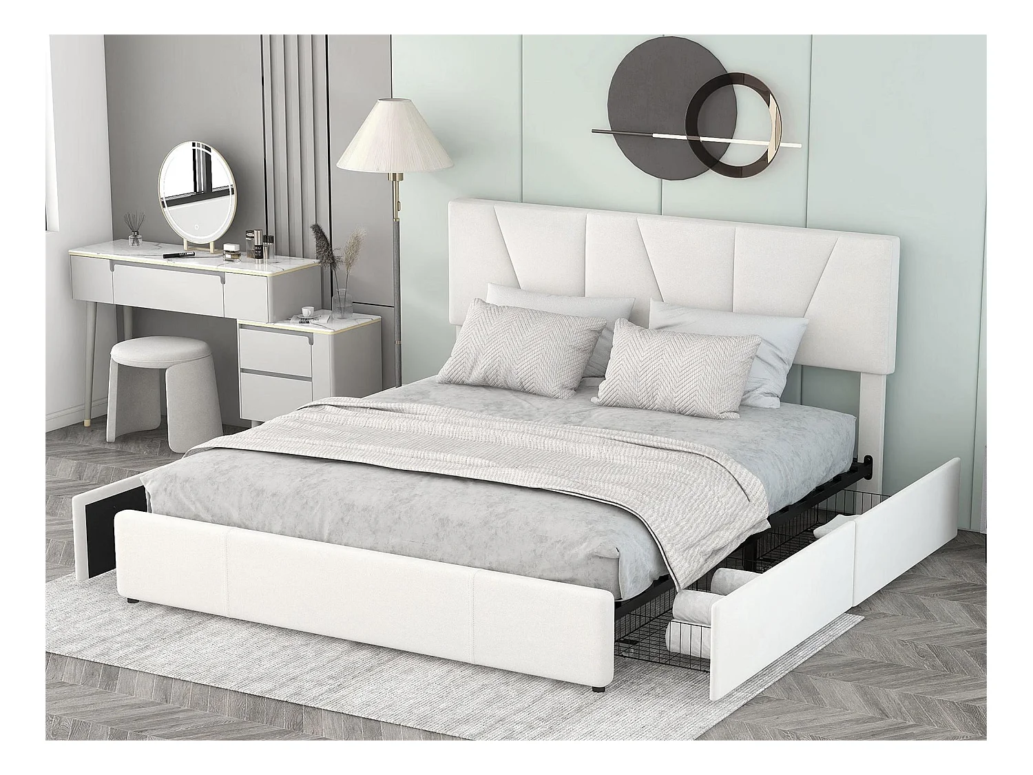 Lit double 160x200cm avec 4 tiroirs, lit capitonné pour 2 personnes, tissu en velours, tête de lit réglable, désigne moderne, blanc