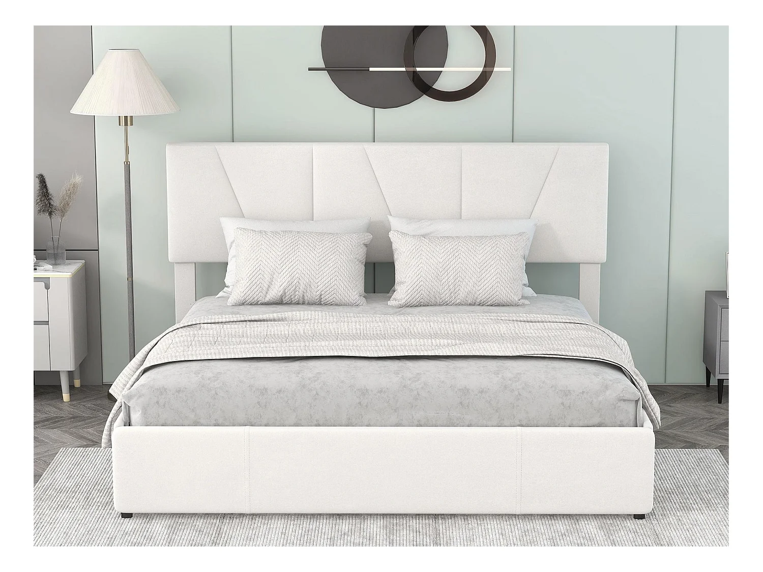 Lit double 160x200cm avec 4 tiroirs, lit capitonné pour 2 personnes, tissu en velours, tête de lit réglable, désigne moderne, blanc