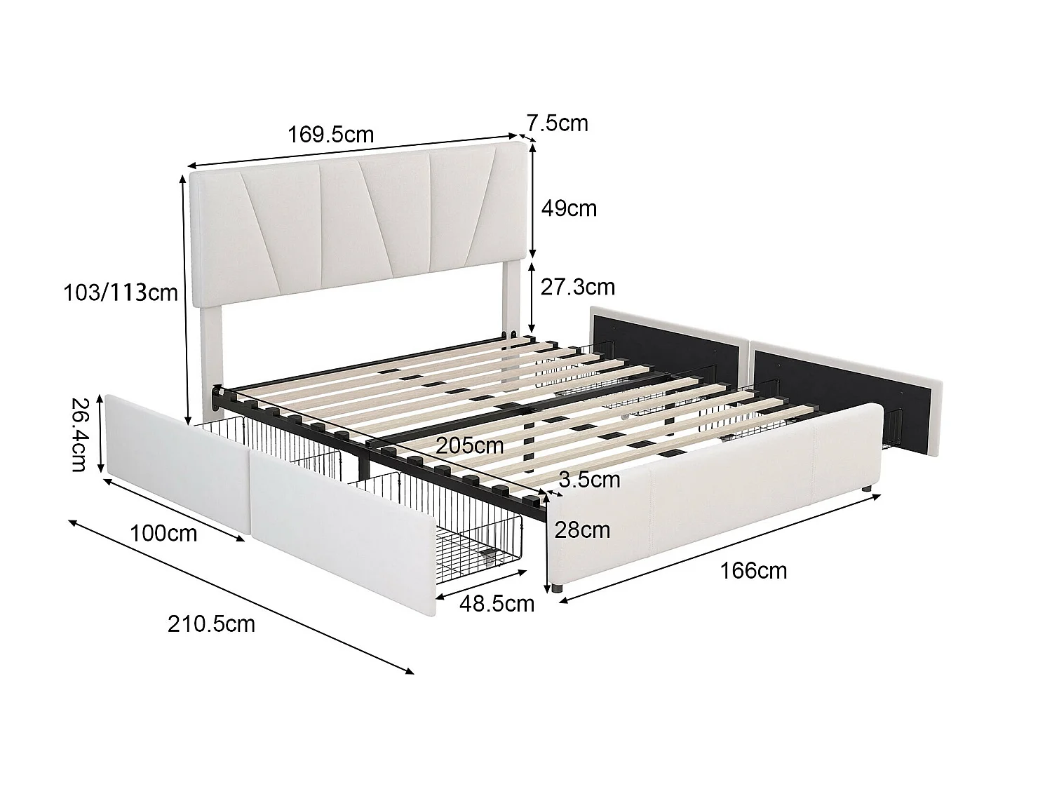 Lit double 160x200cm avec 4 tiroirs, lit capitonné pour 2 personnes, tissu en velours, tête de lit réglable, désigne moderne, blanc