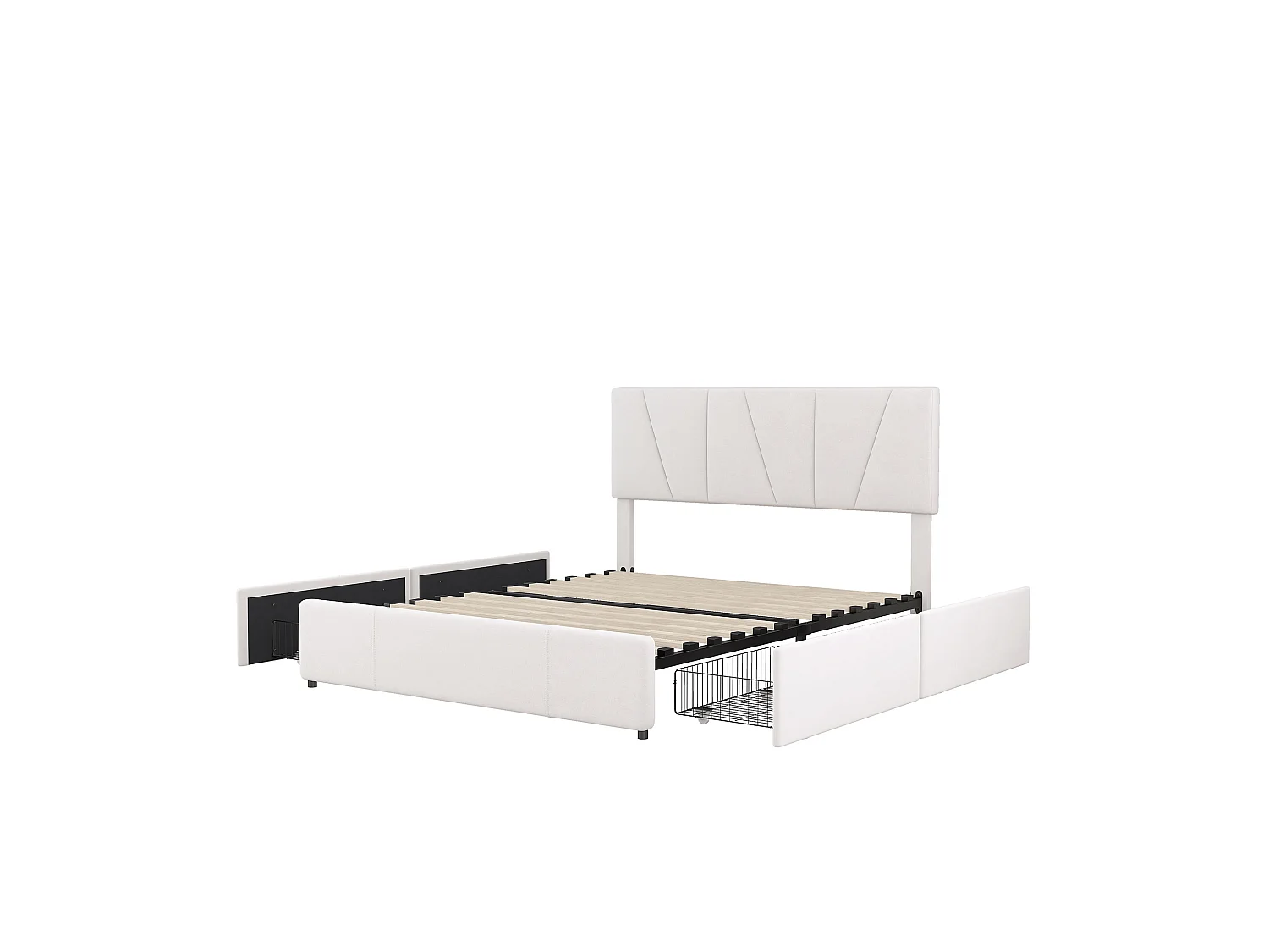 Lit double 160x200cm avec 4 tiroirs, lit capitonné pour 2 personnes, tissu en velours, tête de lit réglable, désigne moderne, blanc