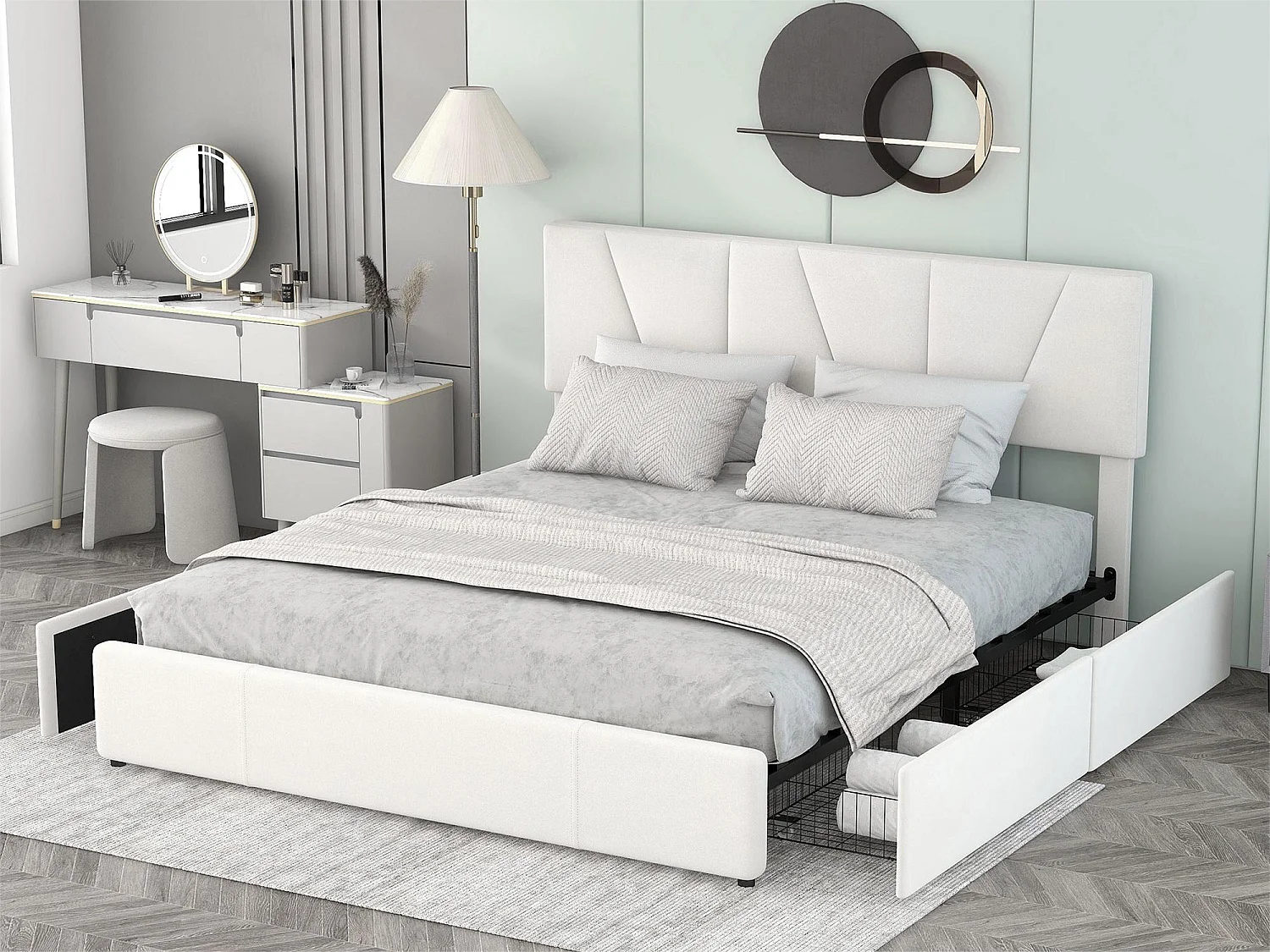 Tweepersoonsbed 160x200cm met 4 laden, gewatteerd bed voor 2 personen, fluwelen stof, verstelbaar hoofdeinde, modern design, wit