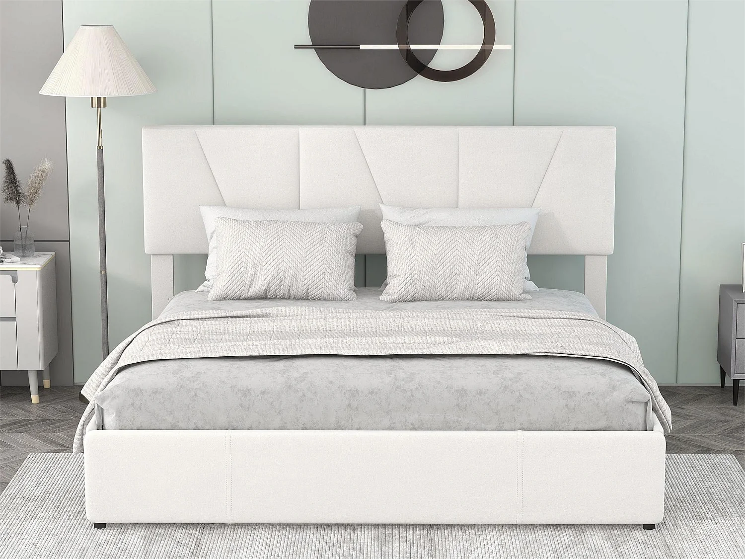 Tweepersoonsbed 160x200cm met 4 laden, gewatteerd bed voor 2 personen, fluwelen stof, verstelbaar hoofdeinde, modern design, wit