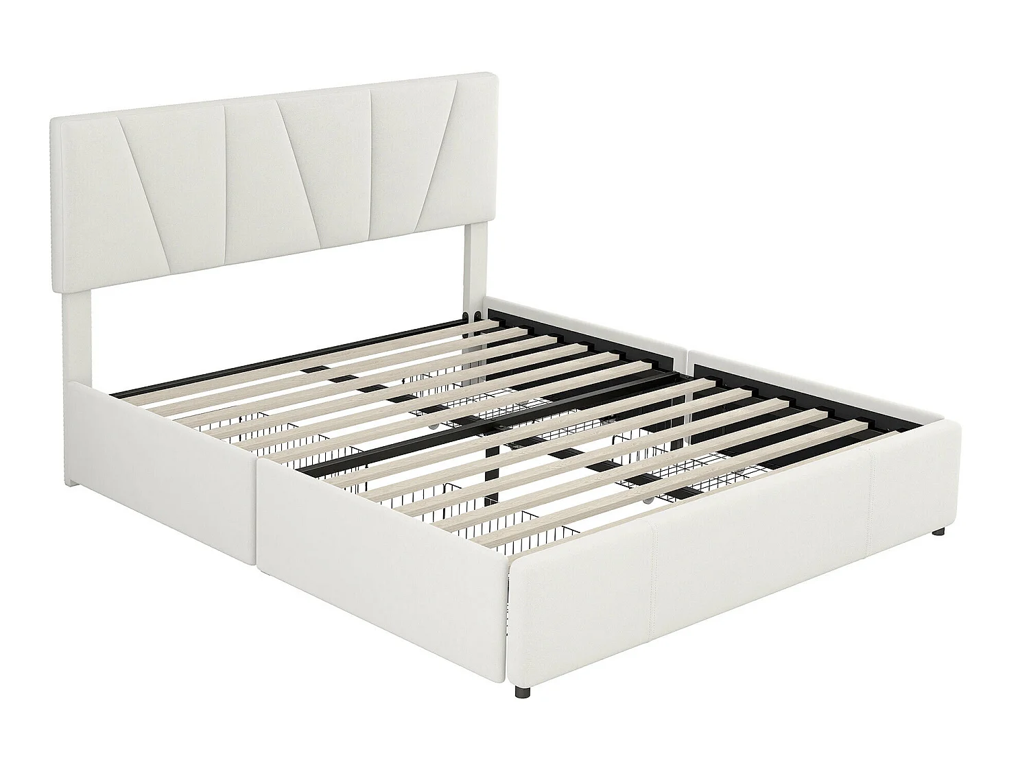 Tweepersoonsbed 160x200cm met 4 laden, gewatteerd bed voor 2 personen, fluwelen stof, verstelbaar hoofdeinde, modern design, wit