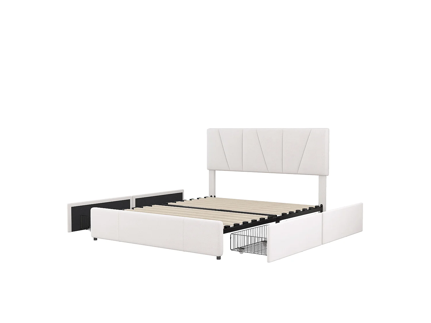 Tweepersoonsbed 160x200cm met 4 laden, gewatteerd bed voor 2 personen, fluwelen stof, verstelbaar hoofdeinde, modern design, wit