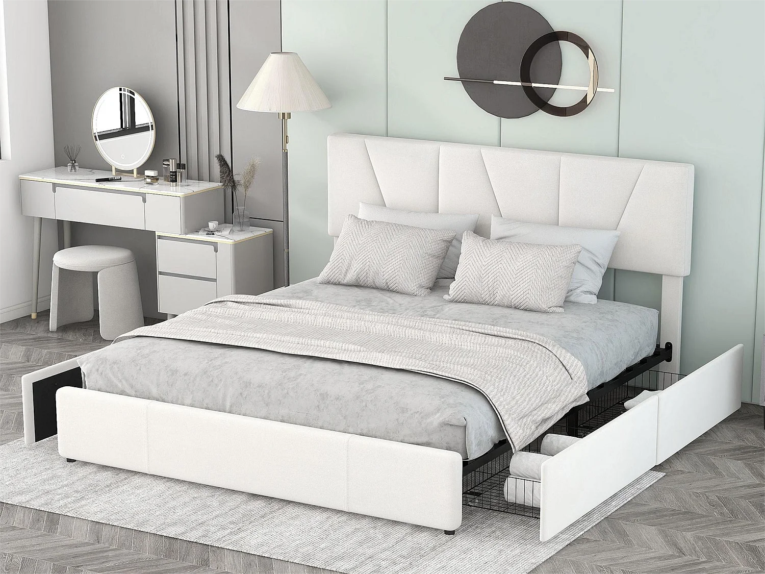 Tweepersoonsbed 160x200cm met 4 laden, gewatteerd bed voor 2 personen, fluwelen stof, verstelbaar hoofdeinde, modern design, wit