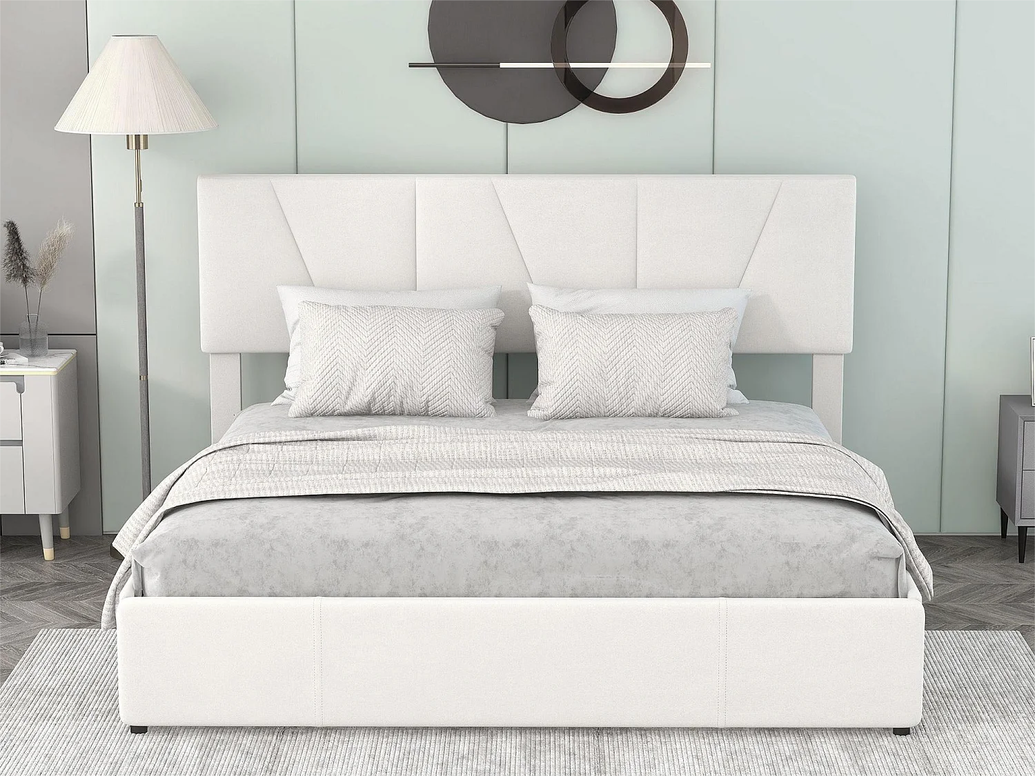 Tweepersoonsbed 160x200cm met 4 laden, gewatteerd bed voor 2 personen, fluwelen stof, verstelbaar hoofdeinde, modern design, wit