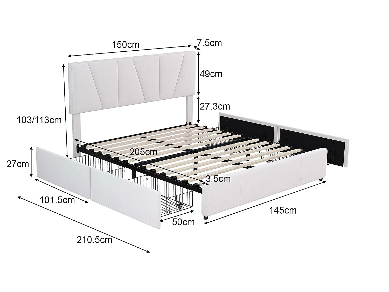 Doppelbett 140x200cm mit 4 Schubladen, gepolstertes Bett für 2 Personen, Samtstoff, verstellbares Kopfteil, modernes Design, weiß